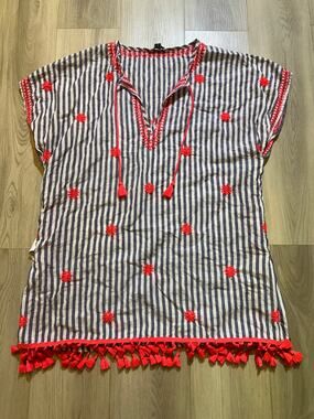 J.Crew Embroidered Beach Tunic Swim Cover-Up Dress Stripe Tassel Women's Medium